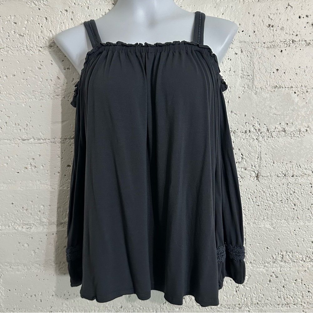 Ann Taylor LOFT Womens Top XL Gray Cold Shoulder 3/4 Sleeve Rayon K8